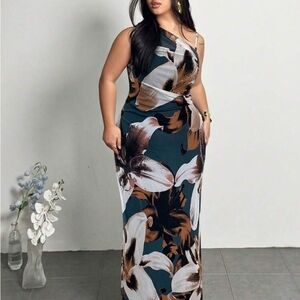 SHEIN One Shoulder Floral Dress in Teal and Brown